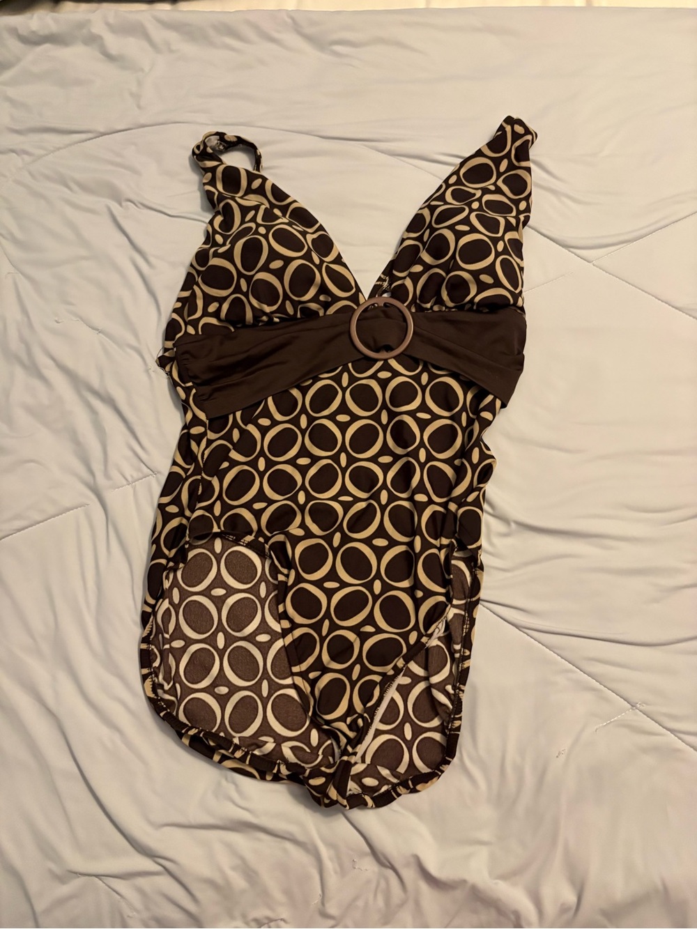 Caribbean Joe Brown and Cream One-Piece Swimsuit with Ring Detail